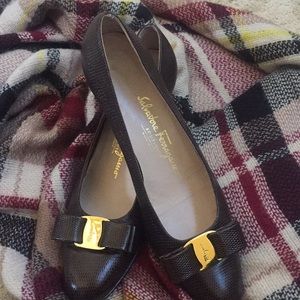 Salvatore Ferragamo Chocolate Snake Skin Flats